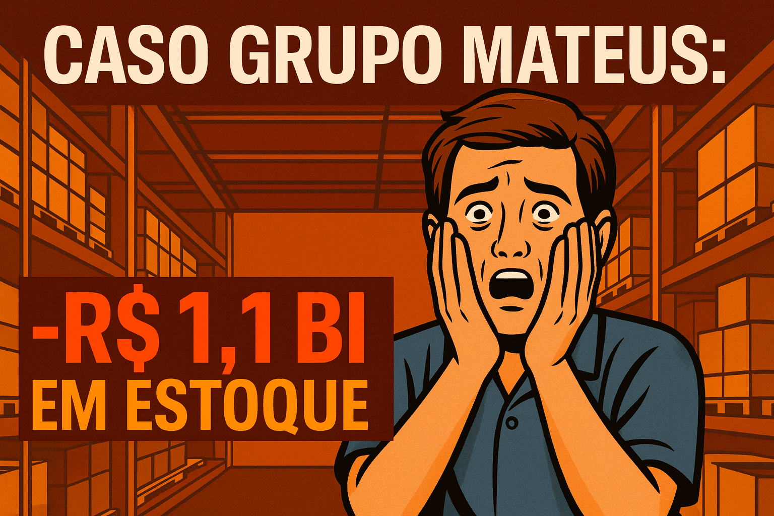 Caso Grupo Mateus: ajuste de R$ 1,1 bilhão no estoque; ilustração de executivo surpreso em depósito.